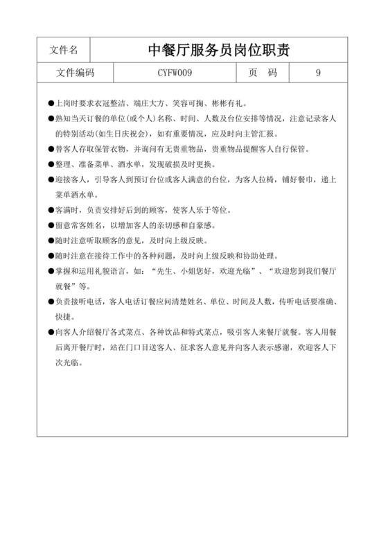 白色简约服务员岗位职责公司岗位职责模板