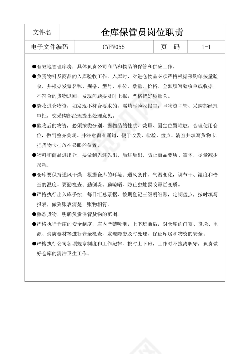 白色简约仓库岗位职责公司岗位职责模板