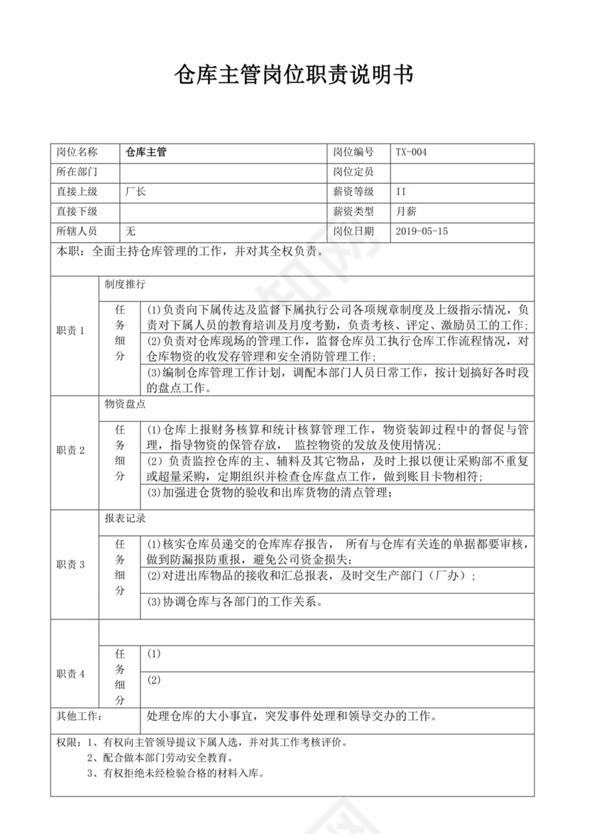 白色简洁仓库岗位职责企业公司岗位职责模板