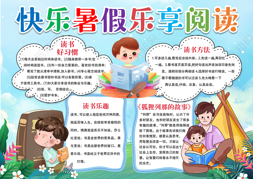 卡通风格快乐暑假乐享阅读小报手抄报暑假读书