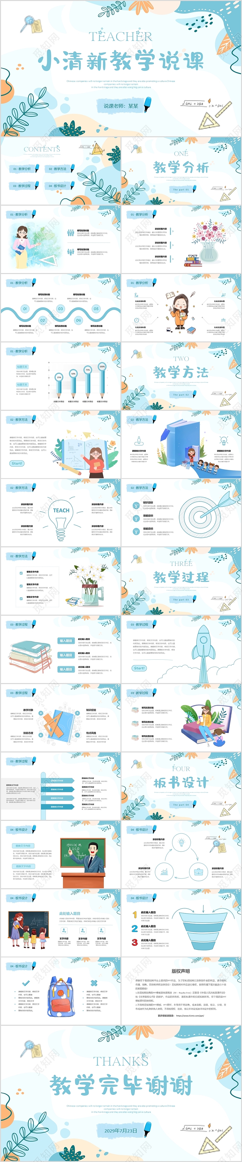 小清新蓝色教师说课通用教学课件PPT