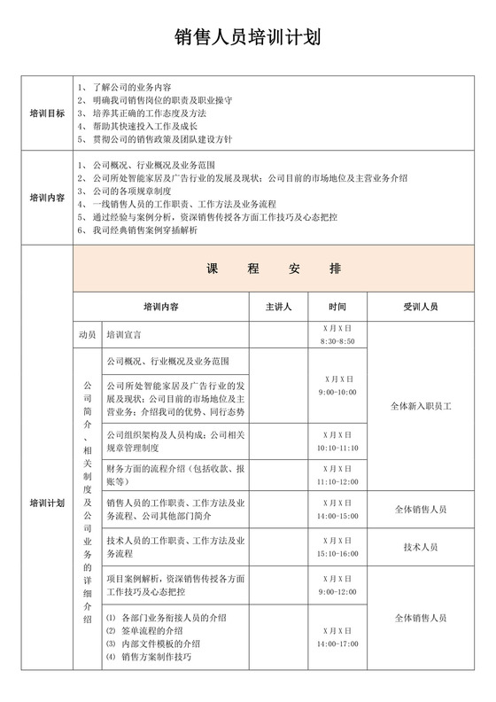 销售人员培训计划模板