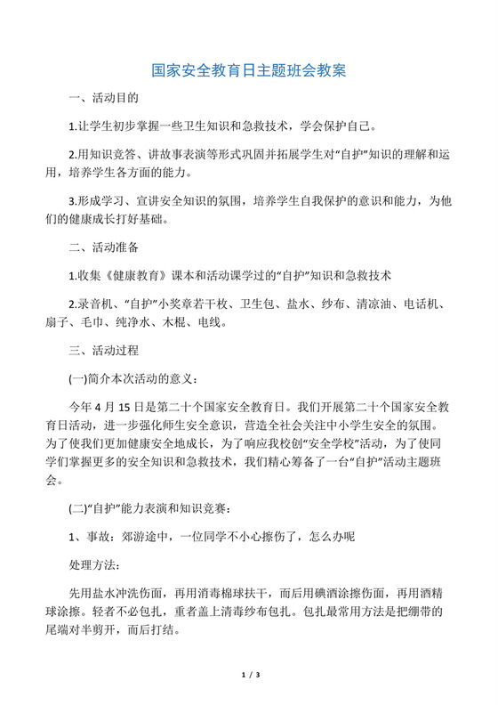 白色简约国家安全教育班会教案