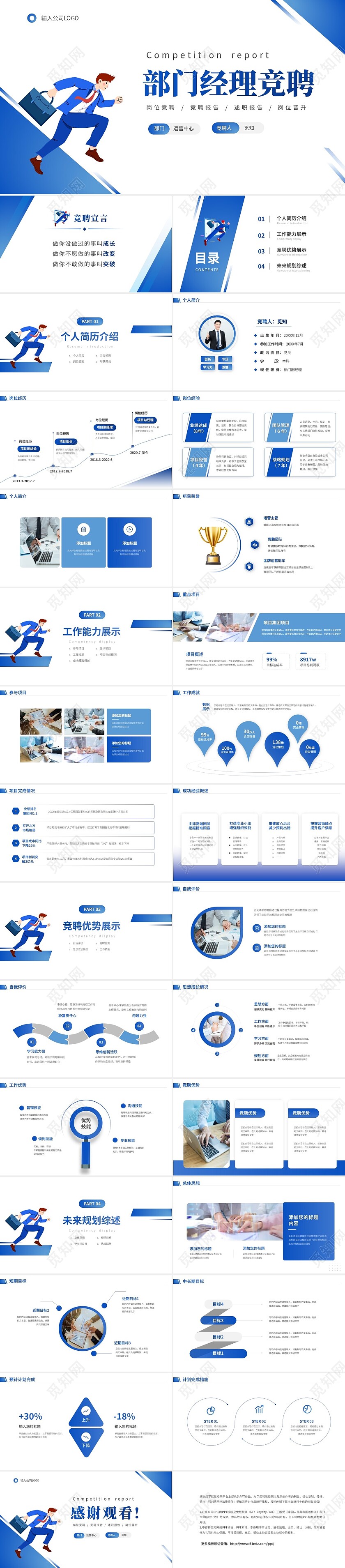 蓝色奔跑商务部门经理竞聘工作述职工作计划PPT
