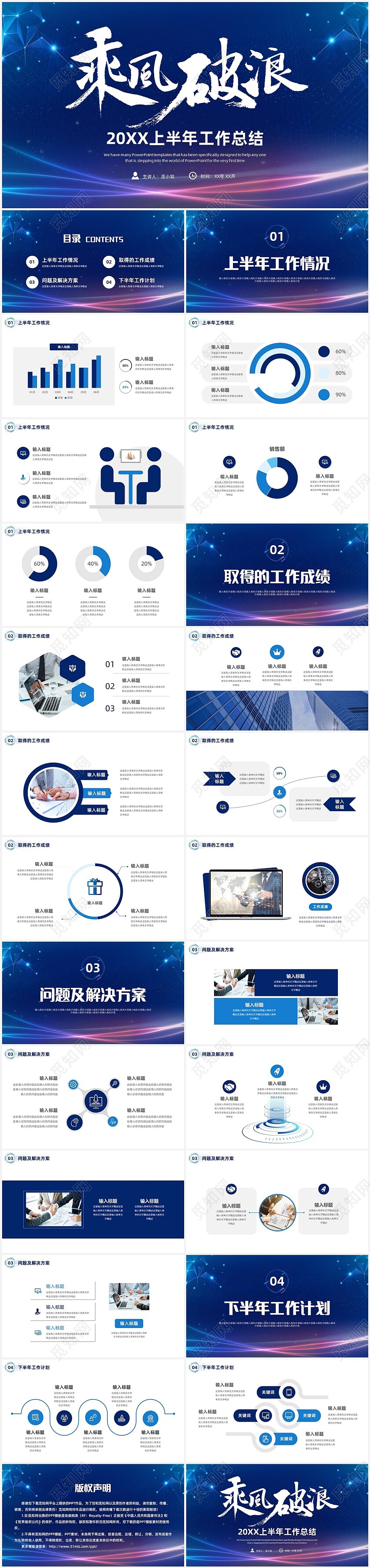 深蓝乘风破浪科技线条年中总结ppt模板2022年中总结