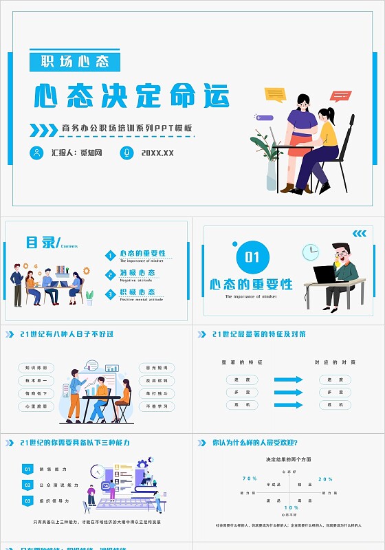 简约插画职场心态心态决定命运主题PPT模板职场心态：心态决定命运