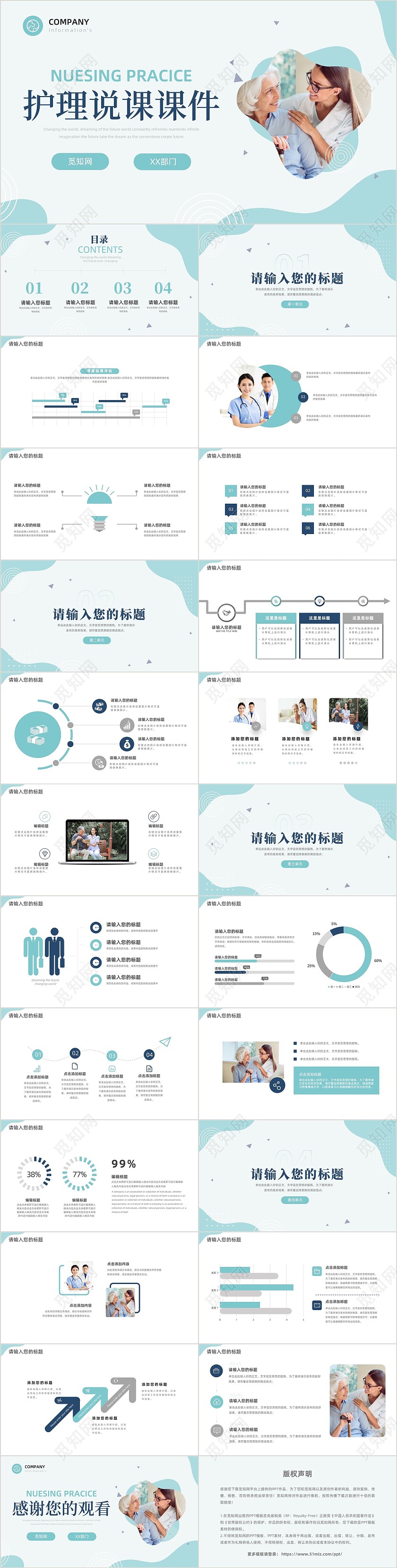 蓝绿色通用护士医疗护理说课培训课件PPT模板