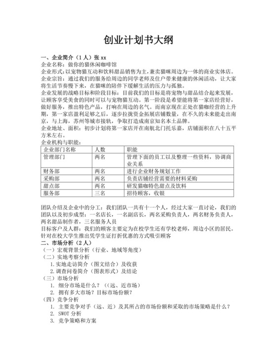 猫咖创业商业计划书大纲猫咖创新创业计划书创新创业商业计划书