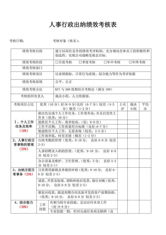 人事行政出纳绩效考核表员工绩效
