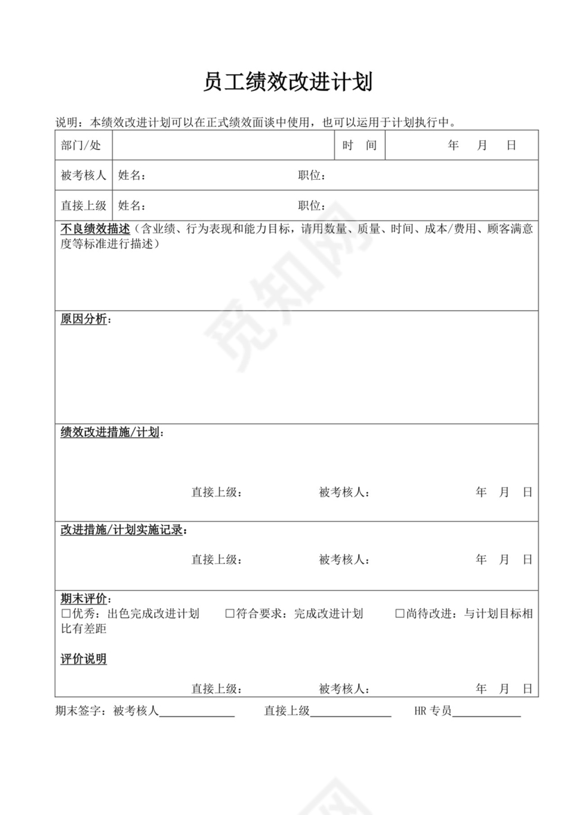 员工绩效改进计划表模板