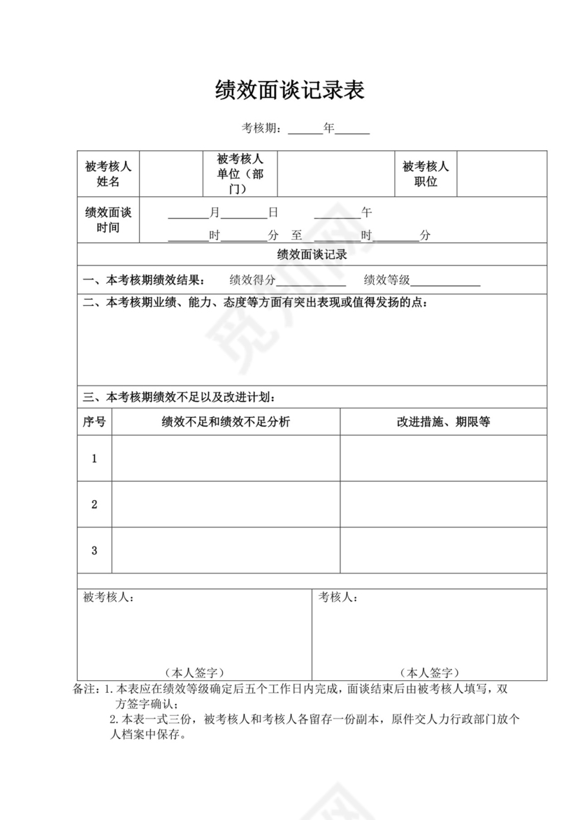 员工绩效考核面谈记录表