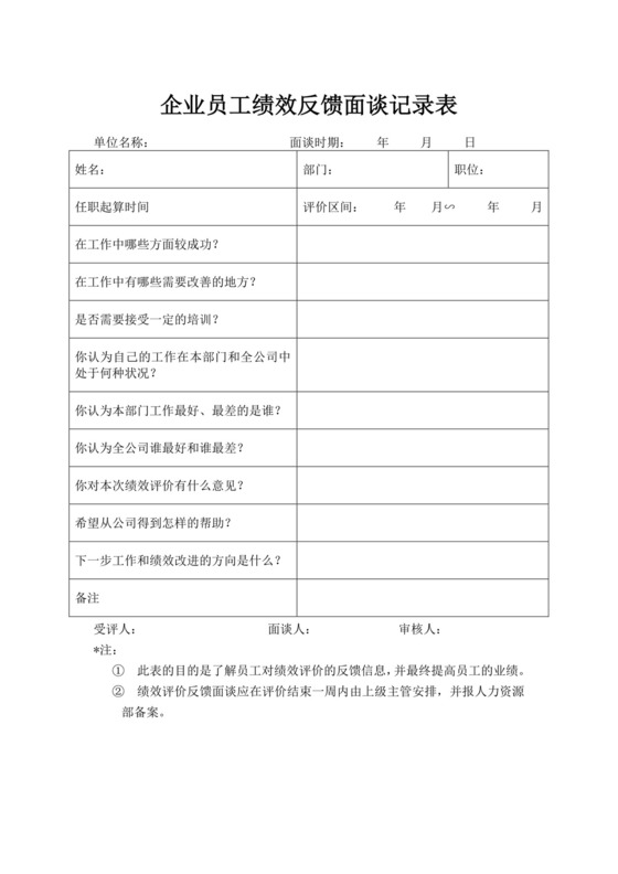 企业员工绩效反馈面谈记录表