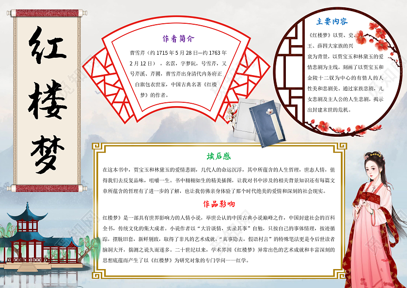 浅蓝色古风红楼梦小报手抄报