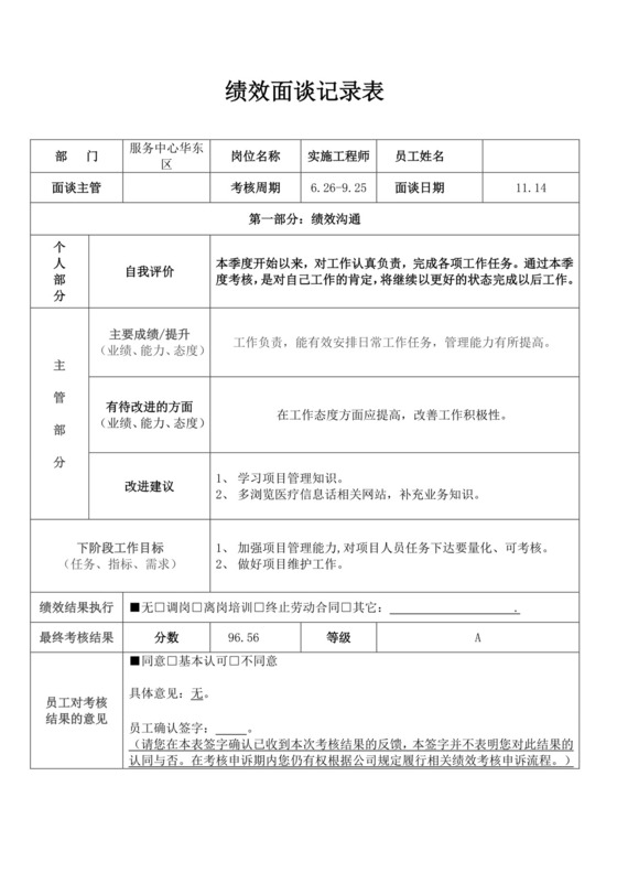 公司员工绩效面谈记录表