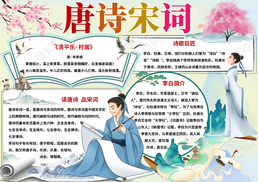 黄色中国风唐诗宋词古诗小报手抄报