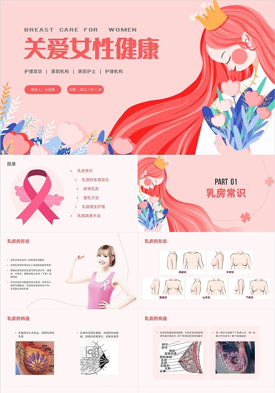 粉色插画女性乳房护理培训PPT课件