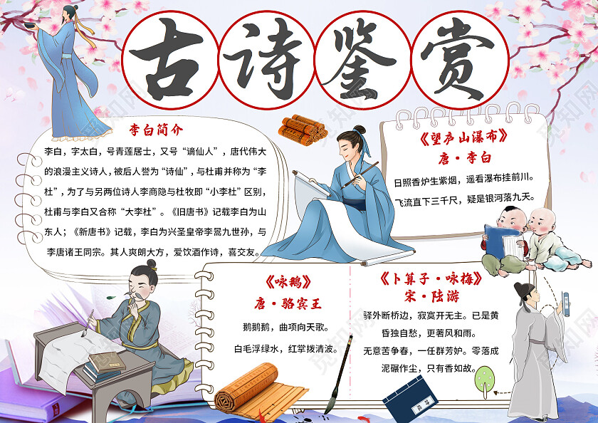 彩色复古古诗鉴赏古诗小报手抄报卡通古诗小报手抄报