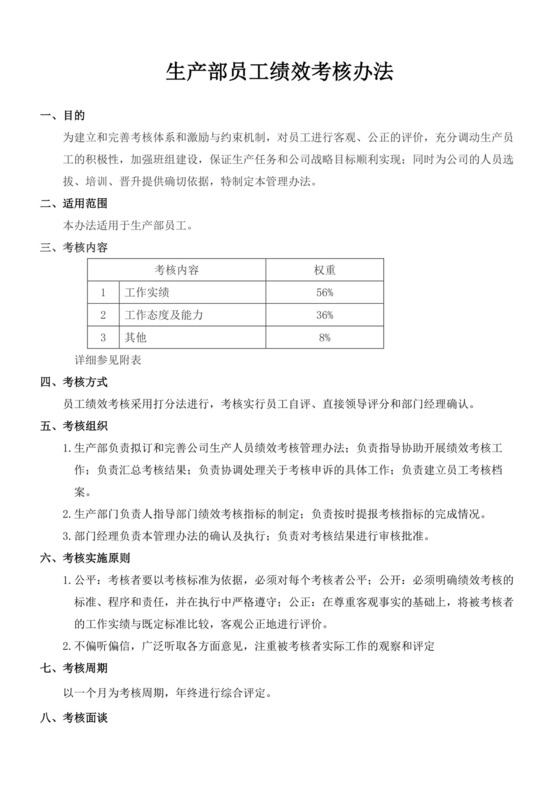 生产部员工绩效考核办法