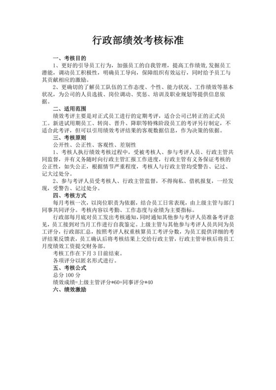 行政部绩效考核标准模板员工绩效