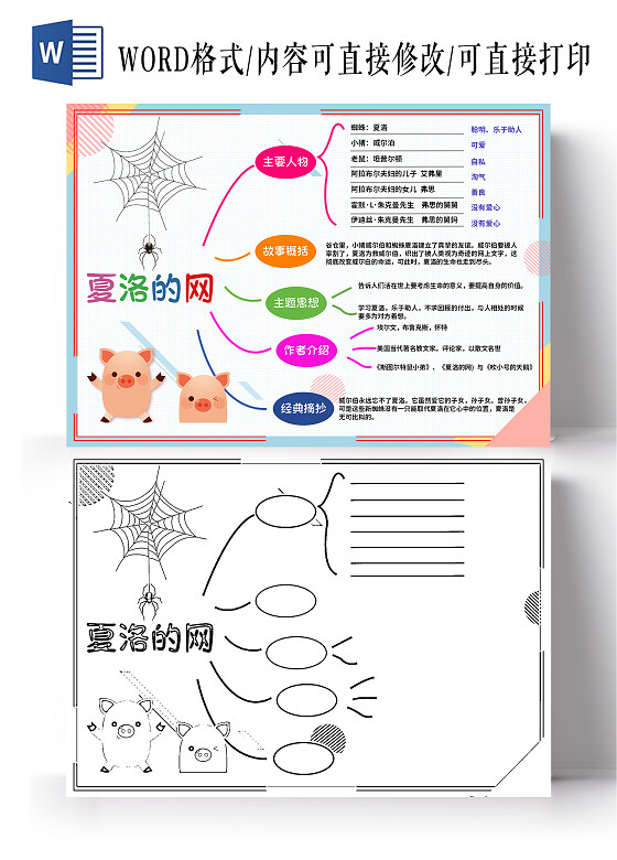 彩色卡通夏洛的网夏洛的网思维导图夏洛的网读书思维导图