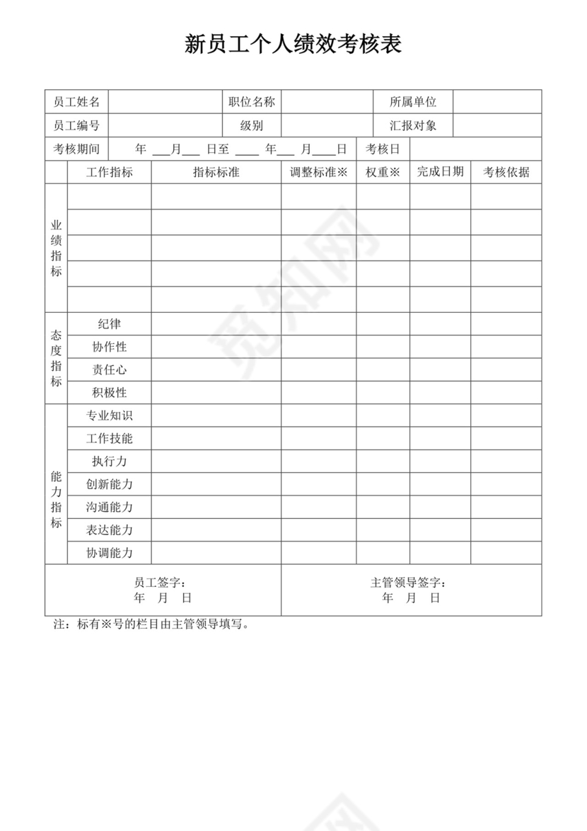 新员工个人绩效考核表员工绩效