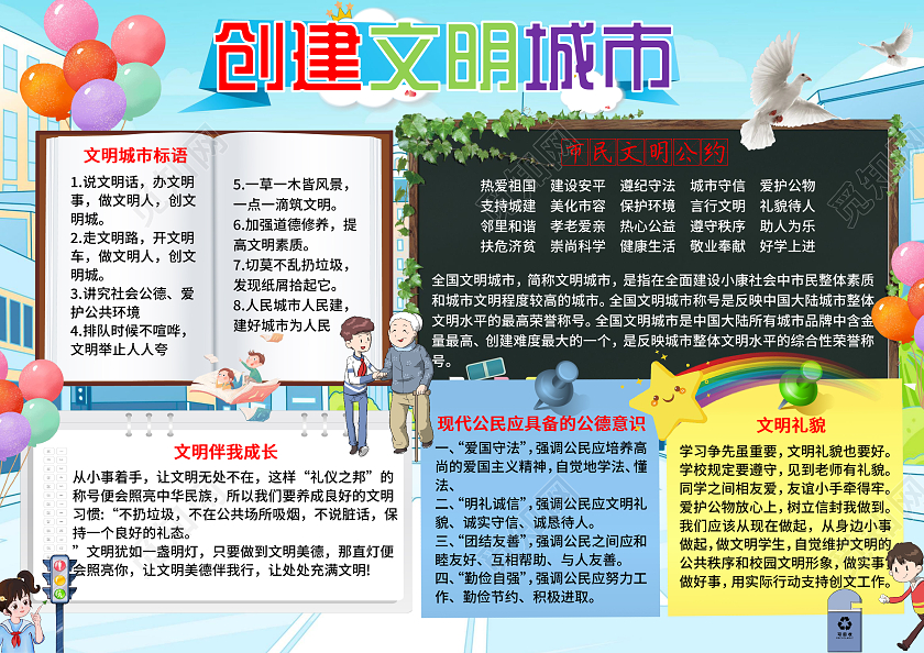 蓝色卡通创建文明城市小学生手抄报卡通小报