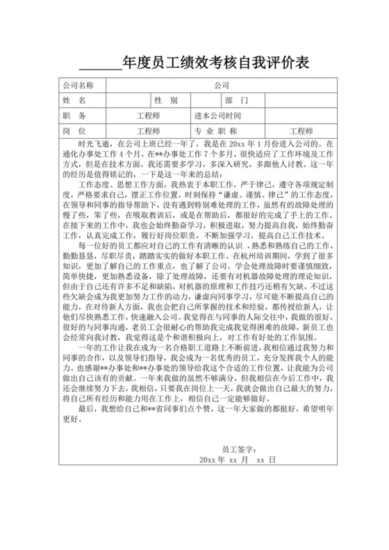 年度员工绩效考核自我评价表