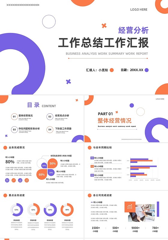 橙紫简约经营分析工作总结工作汇报PPT模板宣传PPT动态P工作总结汇报述职
