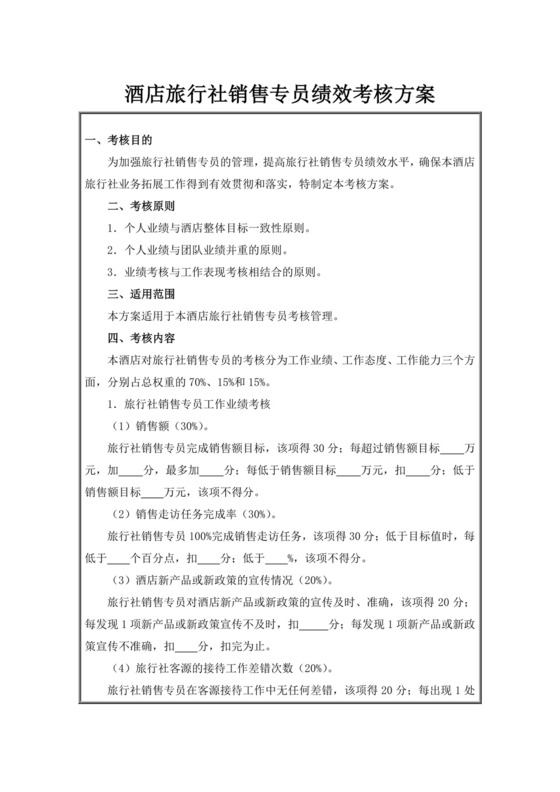 酒店旅行社销售专员绩效考核方案绩效考核与薪酬方案