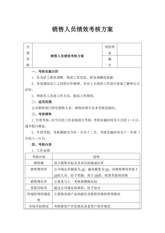 销售人员绩效考核方案绩效考核与薪酬方案