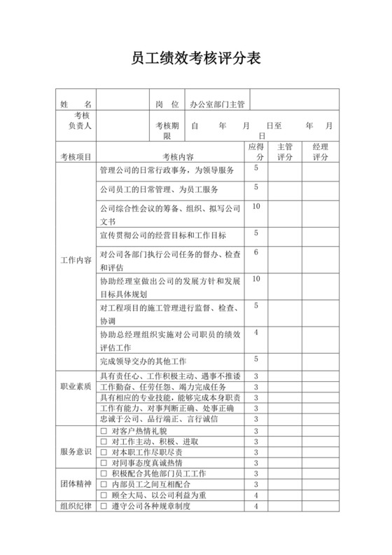 白色简洁员工绩效企业公司个人绩效考核模板