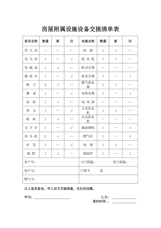 房屋附属设施设备交接清单表交接文档