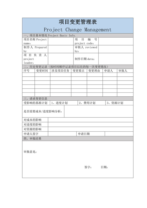 项目变更管理文件表模板项目管理文档