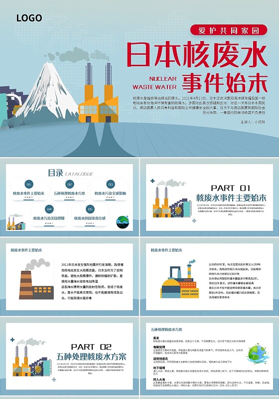 蓝色简约日本核废水事件始末PPT模板宣传核污染PPT动态PPT