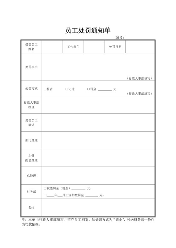 公司员工个人处罚通知单处罚文件