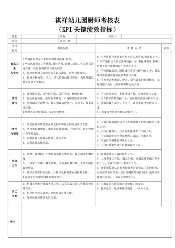 幼儿园厨师考核表KPI关键绩效指标厨师绩效考核