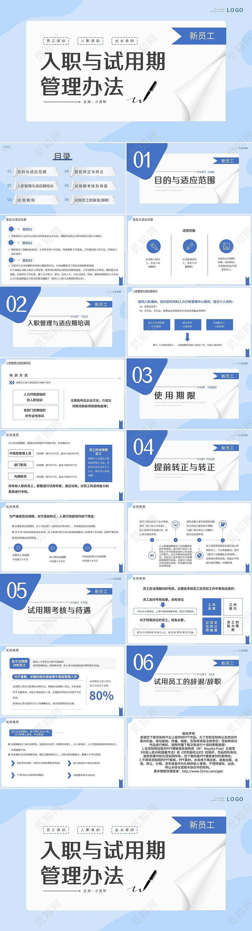 蓝色简约新员工入职与试用期管理办法PPT模板宣传PPT动态P培训课件