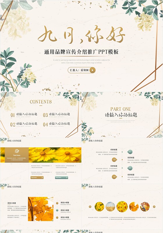 小清新文艺鎏金风九月你好通用品牌介绍推广PPT模板