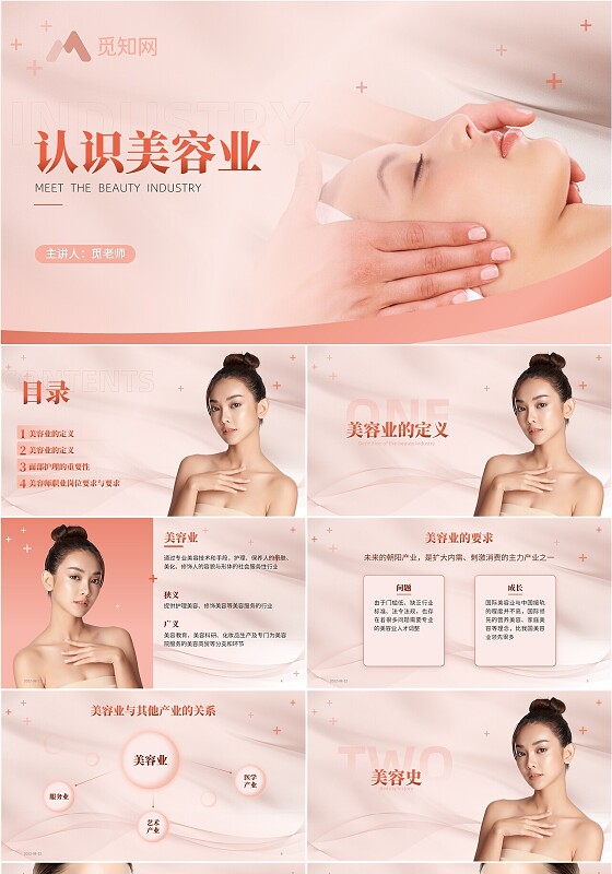 唯美红粉色认识美容业护肤化妆整形行业介绍课件PPT