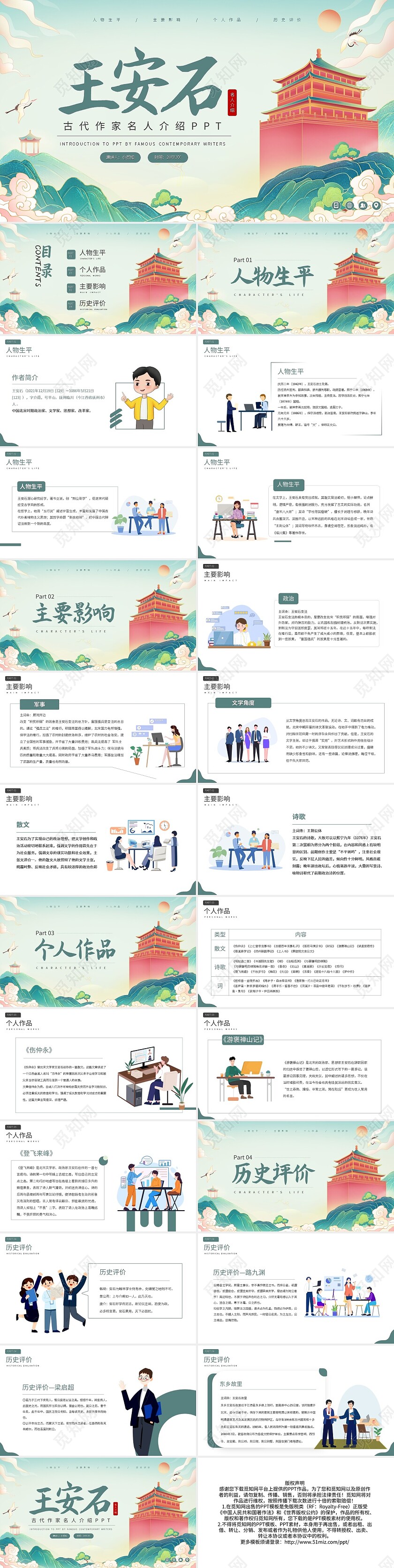 绿色王安石古代作家名人介绍PPT模板宣传PPT动态PPT读书分享人物介绍古代诗人