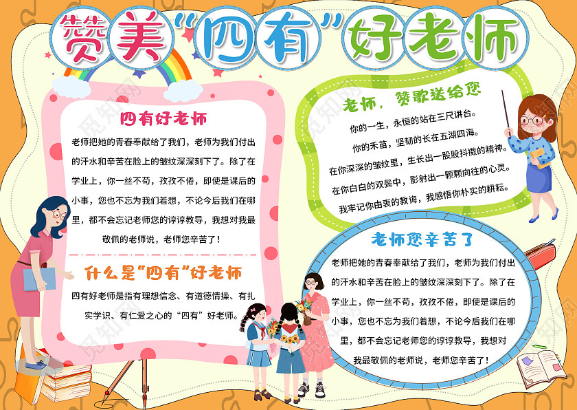 黄色卡通赞美四有好老师四有好老师小报手抄报卡通四有好老师