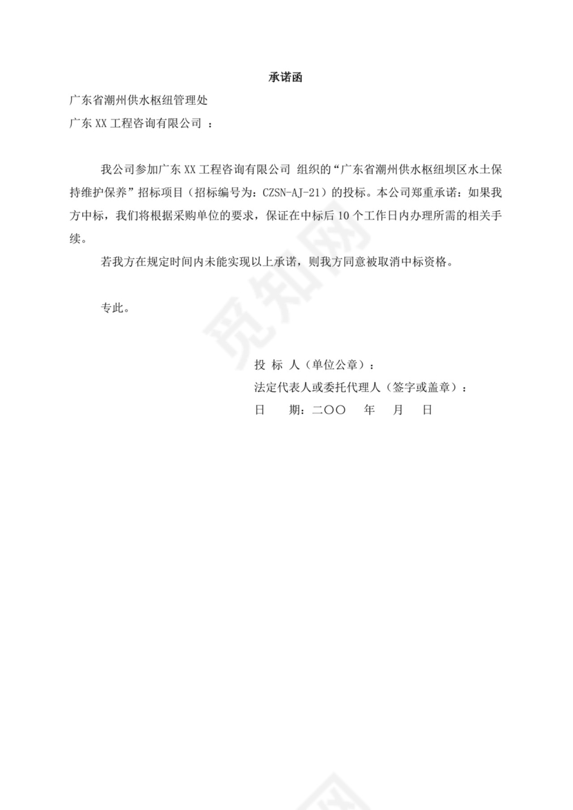 白色简洁投标承诺函公司投标文件模板
