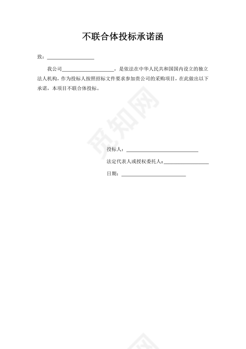 白色简洁非联合体投标承诺函公司投标文件模板