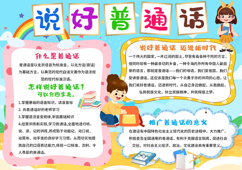 蓝色卡通说好普通话推广普通话小报手抄报卡通推广普通话小报
