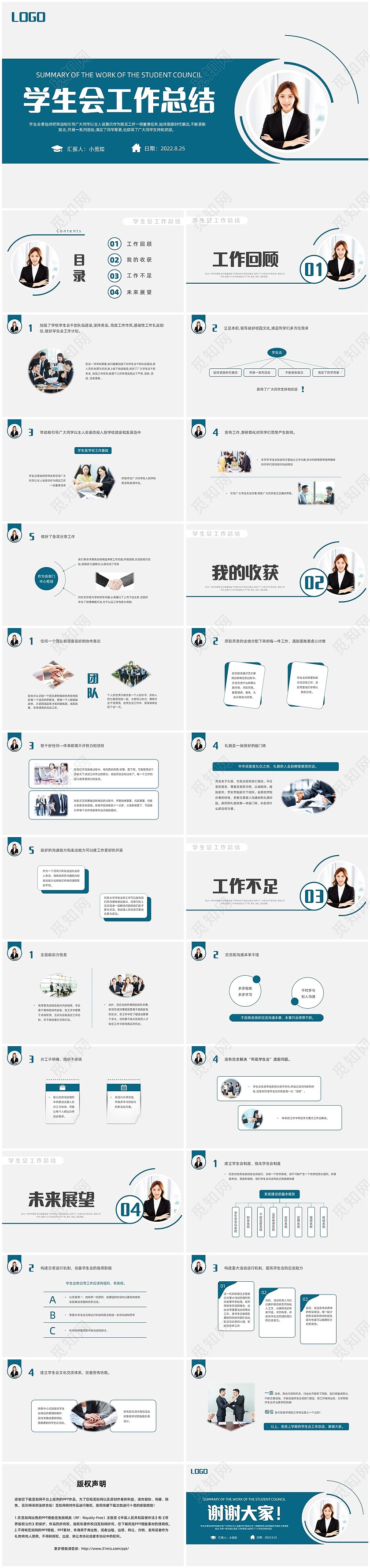 青绿色简约商务学生会工作总结工作总结PPT模板学生会工作总结（个人）