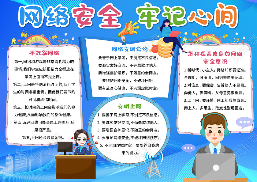 深蓝色卡通网络安全牢记心间校园网络安全小报手抄报卡通校园小报
