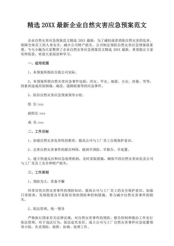 白色简洁自然灾害应急预案突发灾害应急预案模板