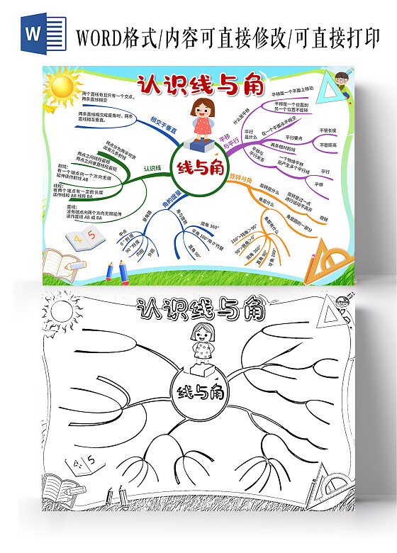蓝绿色卡通认识线与角线与角思维导图卡通线与角思维导图