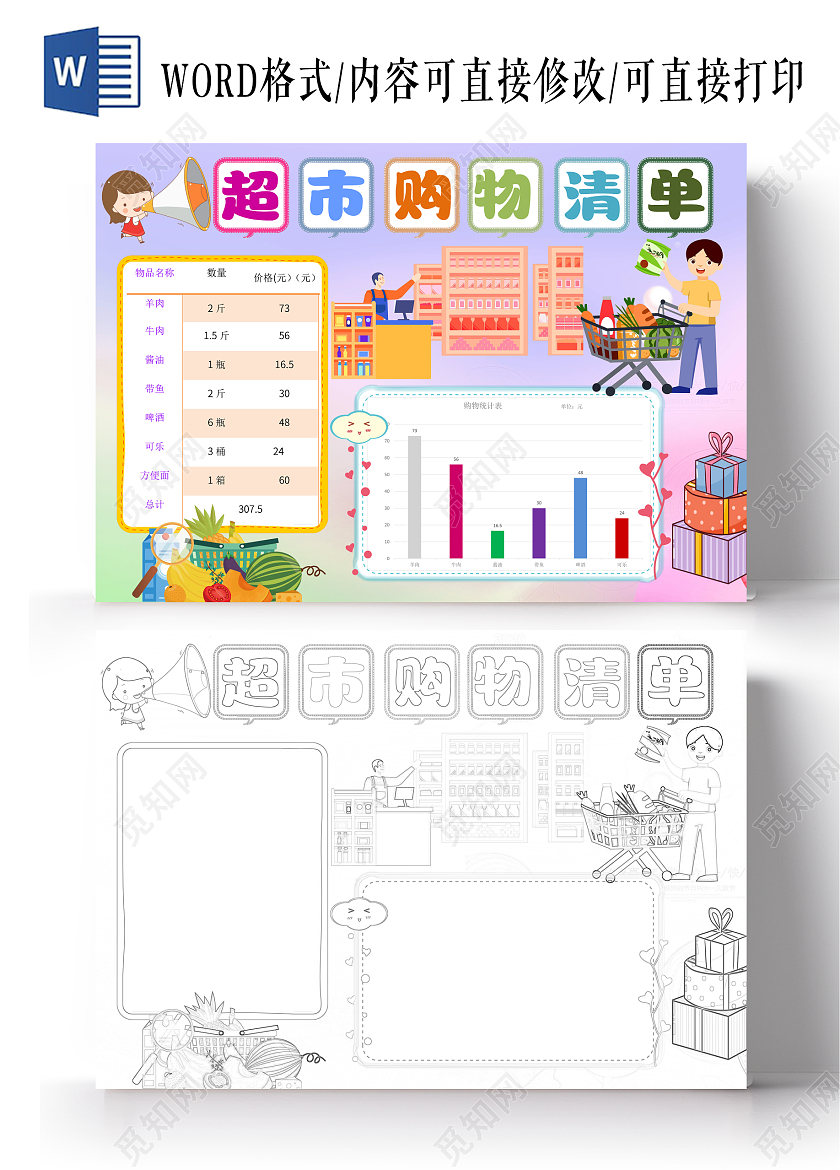 彩色卡通超市购物清单小报手抄报数学超市购物