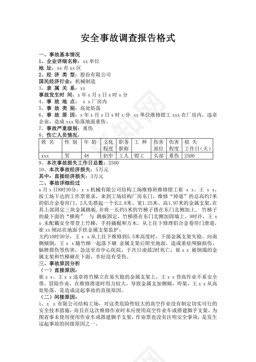 安全事故调查报告格式